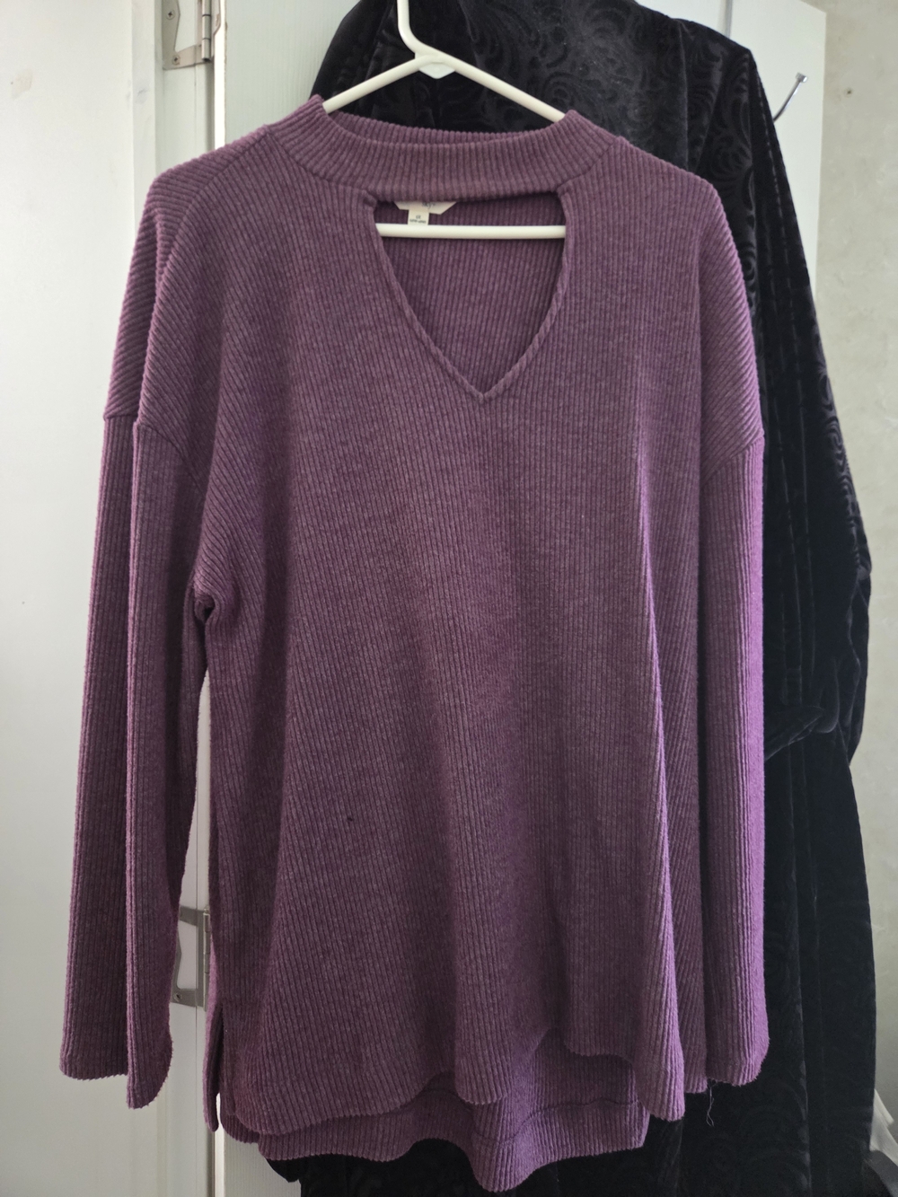 Women's Ribbed V-Neck Sweater Tunic in Plum